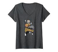 Damen Sun Records X Elvis Presley Tanzt mit Sternen T-Shirt mit V-Ausschnitt, Anthrazit Meliert, XL