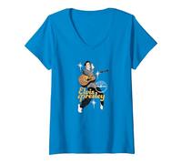 Damen Sun Records X Elvis Presley Tanzt mit Sternen T-Shirt mit V-Ausschnitt, Saphir, L