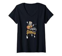 Damen Sun Records X Elvis Presley Tanzt mit Sternen T-Shirt mit V-Ausschnitt, Schwarz, XL