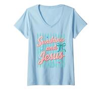 Damen Sunshine and Jesus Preppy Relaxed Faith Sommerferien T-Shirt mit V-Ausschnitt