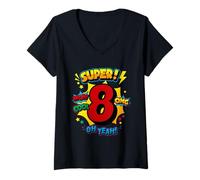 Damen Super 8th Birthday Comic Pop Art - Wow Cool OMG Oh Yeah Kids T-Shirt mit V-Ausschnitt