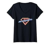 Damen Supergirl 2026 Neon Glow Shield T-Shirt mit V-Ausschnitt