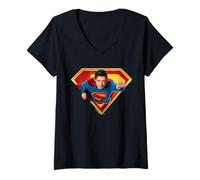 Damen Superman (2025) Flying Over S-Shield T-Shirt mit V-Ausschnitt