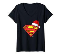 Damen Superman S-Shield Chirstmas Santa Hat T-Shirt mit V-Ausschnitt