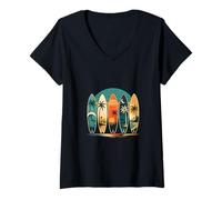 Damen Surfbretter Strand Palmen Sonne Meer Urlaub Tropisch T-Shirt mit V-Ausschnitt