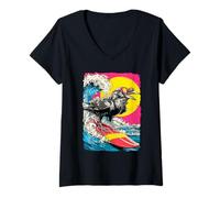 Damen Surfen Krähe Reiten Ocean Wave Surfer Tier Sonnenuntergang Rabe T-Shirt mit V-Ausschnitt