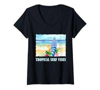 Damen Surfen Tropical Surf Vibes Beach Cocktail Coastal Art T-Shirt mit V-Ausschnitt