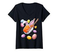 Damen Sushi Roll Ro Haseneier Hasenohren Cute Spring T-Shirt mit V-Ausschnitt