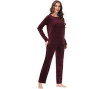 Damen-Sweatanzüge aus Velours, Lounge-Set, 2-teiliges Sweatanzug, Rundhalsausschnitt, Sweatshirt und Sweathose, Samt-Jogginganzug, Burgunderrot, L