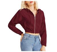 Damen Sweatjacke, Teenager Mädchen Bauchfrei Kapuzenpullover Langarm Kurz Hoodie Sweatshirt Crop Pullover Tops Kapuzenjacke mit Kordel Zip Damen Kapuzenpullover Hoodie Sweatshirt mit (a-Wine, M)