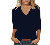 Damen Sweatshirt 3/4 Arm Einfarbige T-Shirt Retro 3/4 Ärmel Oberteile Frauen Longshirt Warme Tie-Dye Muster Blusen Frau Herzausschnitt Oversize Kleidung Grafik Slim Fit Shirt Tuniken Dunkelblau S