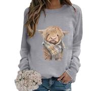 Damen Sweatshirt Highland Cow Print T-Shirts Langarm Lässiger Rundhalspullover Pullover Neuheit Grafik T-Shirts