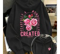 Damen-Sweatshirt in Große Größen mit doppelseitigem Blumenmuster, Kordelzug-Taschen, lässiger Sportstil, gemustertes Sweatshirt. Schwarz