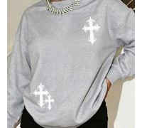 Damen-Sweatshirt in großen Größen mit Kreuz-Muster, Rundhalsausschnitt, gemustertes Top für den Winter