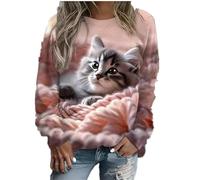 Damen-Sweatshirt mit schlafender Katze, 3D-Tier-Hunde-Druck, süßes Katzenmuster, langärmelig, Pullover, lustig, lässig, Sportbekleidung, # 1, XL