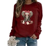 Damen Sweatshirts mit süßem Brillen-/Schleifen-Elefanten-Druck T-Shirts Herbst O-Hals Langarm Tops Übergröße Lockerer Pullover