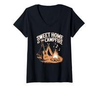 Damen Sweet and Lovely Home, Lagerfeuer Romantik Camping T-Shirt mit V-Ausschnitt