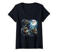 Damen T Rex Moon Lightning Dinosaurier Vintage Storm Art Design T-Shirt mit V-Ausschnitt