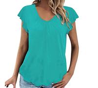 Damen T-Shirt Damen Elegant Bluse mit Spitzenbesatz Sommer Kurzarm Tunika Oberteil Spitzentops mit V-Ausschnitt Sport Tshirt Damenblusen Kurzarm Sexy Tanktop Hippie Kleidung Damen