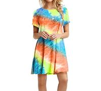 Damen T Shirt Kleid Sommer Sommerkleid Knielang Shirtkleider Kurzarm Tie Dye Boho Strandkleid Lässig Locker Tunika Blusenkleid Tshirt Kleider Elegant Minikleid Freizeitkleid