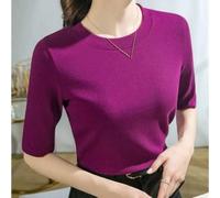 Damen T-Shirt Kurzarm Rundhals Basic Oberteil Elastisch Slim fits Casual Solide Tops für Alltag Urlaub Party Weiches Jersey Shirt Rotwein Schwarz(3XL red)