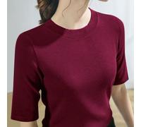 Damen T-Shirt Kurzarm Rundhals Basic Oberteil Elastisch Slim fits Casual Solide Tops für Alltag Urlaub Party Weiches Jersey Shirt Rotwein Schwarz(M Red wine)