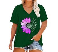 Damen T-Shirt Kurzarm Sommer Lose Casual V-Ausschnitt Manschette Gestreiften Patchwork Volltonfarbe T Shirt Lang Tshirts Tshirt Große Größen Lange Longshirts Oberteile Baumwollshirt Shirts Grün 4XL