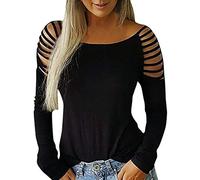 Damen T-Shirt Langarm-Sweatshirt Einfarbig Beiläufig Blusen Tunika Tops trägerloser Ausschnitt (L,1Schwarz)