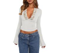 Damen-T-Shirt, lange Glockenärmel, bauchfreies Top, Spitze, Patchwork-Besatz, V-Ausschnitt, Herbst, sexy, enganliegend, Y2K, Weiss/opulenter Garten, Groß