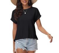 Damen T-Shirt Lochstickerei Bügelfrei Rundhalsausschnitt Oberteile Sommer Frühling Modische Kleidung 2024 Lässige Kurzarmbluse Schwarz M