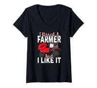Damen T-Shirt mit Aufschrift „I Kissed A Farmer and I Like It“, Geschenk für Ehefrau und Freundin T-Shirt mit V-Ausschnitt