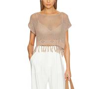 Damen-T-Shirt Mit Ausgehöhlten Flügelärmeln, Strick, Boho-Stil, Rundhalsausschnitt, Zum Binden, Häkel-Westenoberteile Mit Quaste, Sommer, Lässig, Locker, Bikini-Überzug, Strandmode, Khaki, L