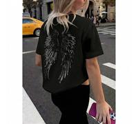 Damen-T-Shirt mit Engel-Flügel-Pailletten-Stickerei, Y2K-Sommer-Stil, lässig, Rundhals, Kurzarm, Schwarz, für Ausgehen, Party, Urlaub & Strand
