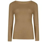 Damen-T-Shirt mit langen Ärmeln, Stretch, einfarbig, Rundhalsausschnitt, dehnbar, Freizeitkleidung, mokka, 38-40