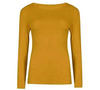 Damen-T-Shirt mit langen Ärmeln, Stretch, einfarbig, Rundhalsausschnitt, dehnbar, Freizeitkleidung, senffarben, 34-36