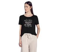 Rundhalsshirt STREET ONE, Damen, Gr. 36, schwarz, Stoff, 95% Viskose, 5% Elasthan, bedruckt, gerade normal, Rundhals, Bündchen, Shirts, mit Elastiksaum (56744208-36) schwarz