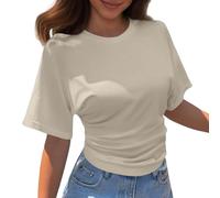 Damen T-Shirt mit Rundhalsausschnitt, kurzärmelig, Koreanisches Design, passend für den Sommer, einfarbig, lockeres Oberteil Schulterfreie Bluse