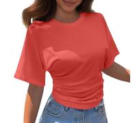 Damen T-Shirt mit Rundhalsausschnitt, kurzärmelig, Koreanisches Design, passend für den Sommer, einfarbig, lockeres Oberteil Schulterfreie Bluse