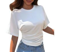 Damen T-Shirt mit Rundhalsausschnitt, kurzärmelig, Koreanisches Design, passend für den Sommer, einfarbig, lockeres Oberteil Schulterfreie Bluse (White, S)