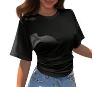 Damen T-Shirt mit Rundhalsausschnitt, kurzärmelig, Koreanisches Design, passend für den Sommer, einfarbig, lockeres Oberteil Schulterfreie Bluse (Black, XS)