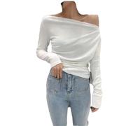 Damen-T-Shirt Mit Schrägem Halsausschnitt, Asymmetrisch, Weiß, Schwarz Und Rot, Schulterfreies Oberteil, Lustiges, Schmales T-Shirt