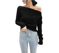 Damen-T-Shirt Mit Schrägem Halsausschnitt, Asymmetrisch, Weiß, Schwarz Und Rot, Schulterfreies Oberteil, Lustiges, Schmales T-Shirt