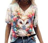 Damen-T-Shirt mit Tiermotiv, Sommermode, 3D-Eulen-Druck, V-Ausschnitt, kurzärmelig, Tops, T-Shirts, übergroßer Pullover, # 3, Small