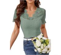 Damen-T-Shirt mit V-Ausschnitt, Spitzenbesatz, kurzärmelig, schmale Passform, lässiges Büro-Top, Sommer, elegante einfarbige Bluse für den täglichen Pendler, Arbeitskleidung, schwarz, weiß, rosa (S