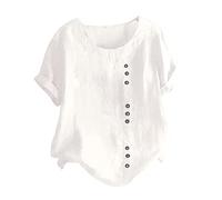 Damen T-Shirt Oberteil Aus Baumwolle Und Leinen Leinenbluse Leichte Atmungsaktive, Musselin Bluse Casual Fashion Mit Rundhalsausschnitt Und Kurzen Ärmeln Einfarbiges Leinenhemd Schick Elegant