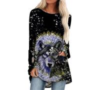 Damen-T-Shirt, Rundhalsausschnitt, langärmelig, Wolfsdruck, Tier-Grafik, Pullover, Sweatshirt, lustig, lässig, Tops, # 2, L