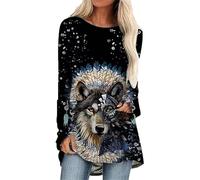 Damen-T-Shirt, Rundhalsausschnitt, langärmelig, Wolfsdruck, Tier-Grafik, Pullover, Sweatshirt, lustig, lässig, Tops, # 4, 3XL