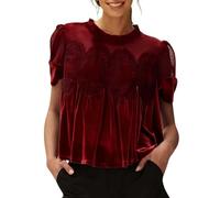 Damen T Shirt Samt Und Spitze Lässig Rundhalsausschnitt Kurze Ärmel Ausgestelltes Top Elegantes Aufwendiges Rücken IGN Sport Tshirt Lang Frauen Sommer Kurzarm Tops Oversized Longshirt Rot M