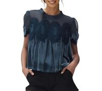 Damen T Shirt Samt Und Spitze Lässig Rundhalsausschnitt Kurze Ärmel Ausgestelltes Top Elegantes Aufwendiges Rücken IGN Sport Tshirt Lang Frauen Sommer Kurzarm Tops Oversized Longshirt Blau XXL