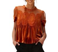 Damen T Shirt Samt Und Spitze Lässig Rundhalsausschnitt Kurze Ärmel Ausgestelltes Top Elegantes Aufwendiges Rücken IGN Sport Tshirt Lang Frauen Sommer Kurzarm Tops Oversized Longshirt Orange XL